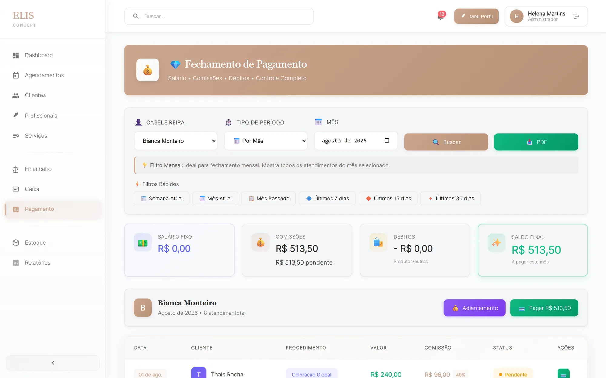 Elis Concept — Comissões